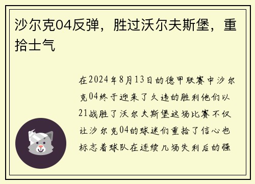 沙尔克04反弹，胜过沃尔夫斯堡，重拾士气